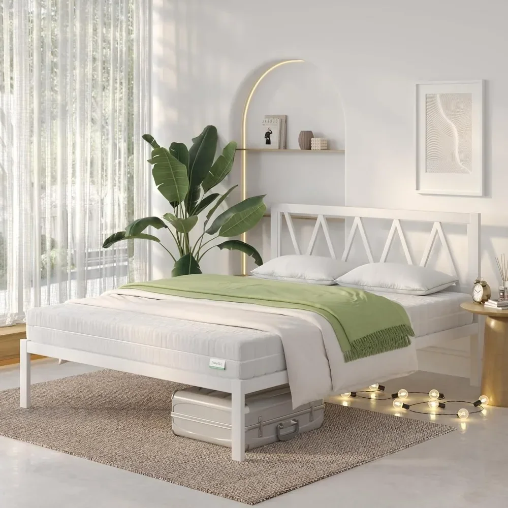 Bedroom furniture metal platform bed frame, wooden slats support, no springs required, easy to assemble, white, full