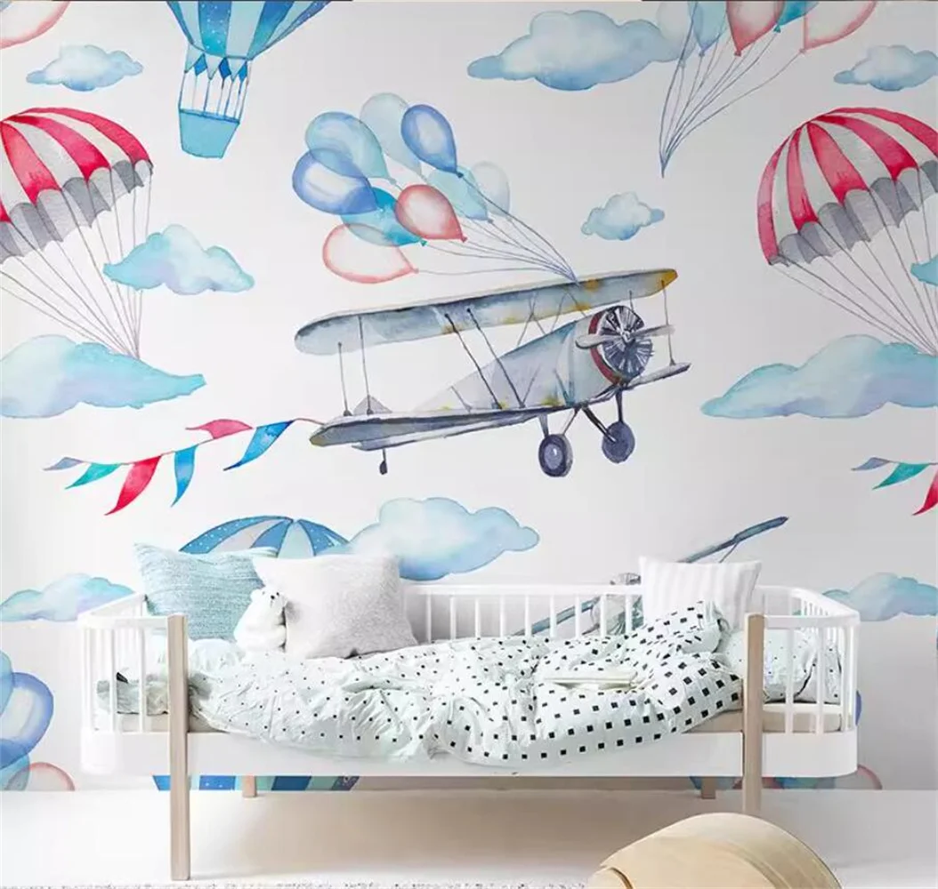 Custom Cartoon Hot Air Balloon Mural Wallpaper Nordic Style with Small Animal Theme for Kids' Room Indoor Background Decoration