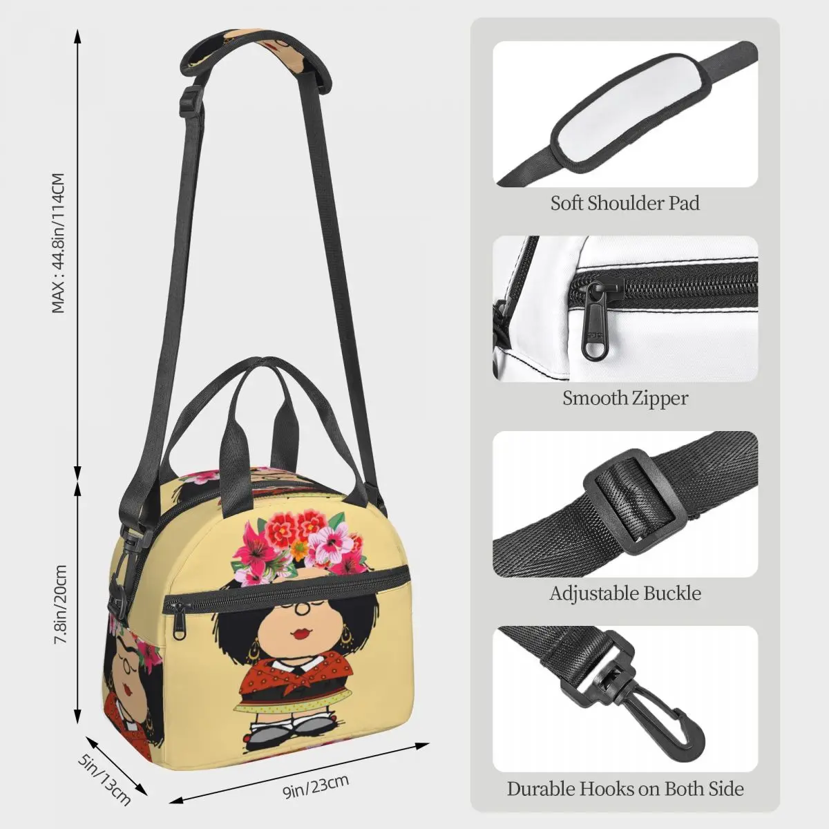 Mafalda Kahlo Fanart tas makan siang terisolasi, kotak makan siang pendingin termal besar makanan kartun lucu dengan tali bahu dapat diatur