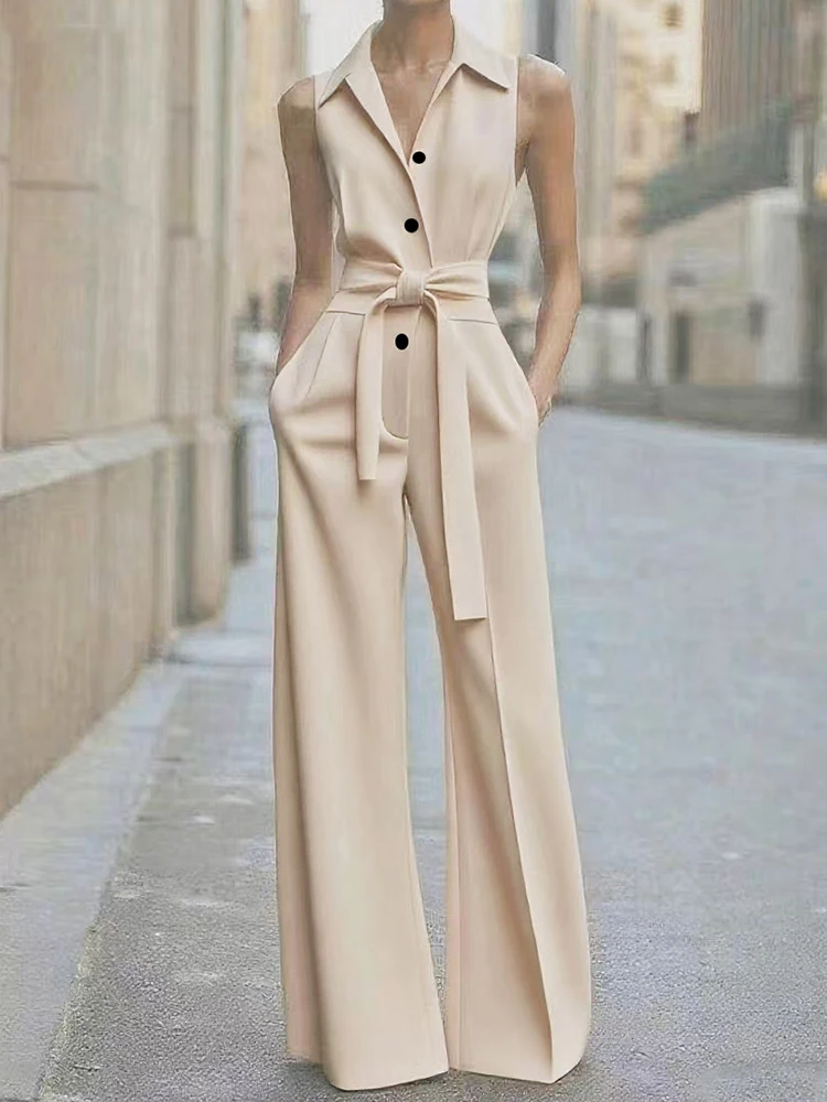 

Summer Women Lace-Up Patchwork Playsuits, Sleeveless Turn-Down Collar Solid Jumpsuits, 2025 Wide Leg Pants Chic Ladies Bodysuits