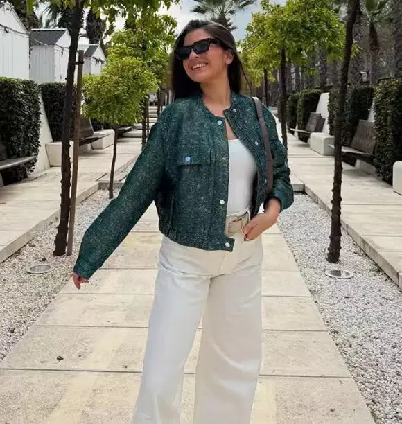 

Autumn New Jacket For Women Fashion Elegant Button Zipper Long Sleeves Short Commuter Coat Casual Trend Green Glossy Jacket