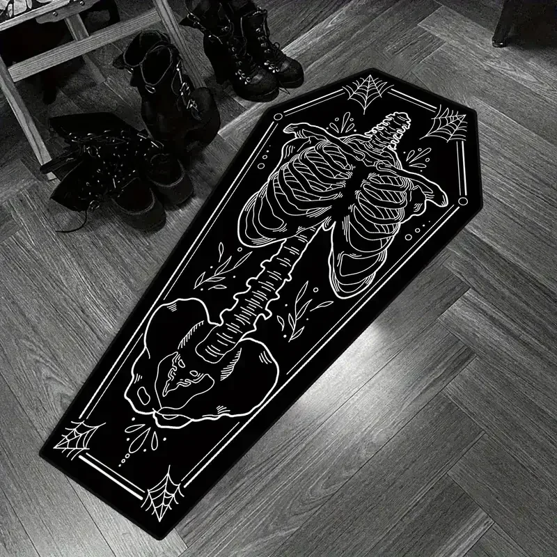 VIKAMA Halloween Skeleton Spider Printed Coffin Floor Mat Personalized Anti Slip Holiday Carpet Home Decoration Gift