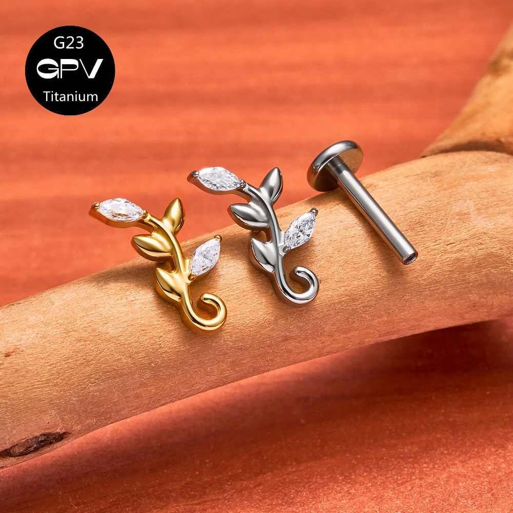 New G23 F136 Titanium Ear Bone Studs, Flower and Leaf Design 18K Gold Fashionable Pierced Jewelry for OL Men and Women - view 4