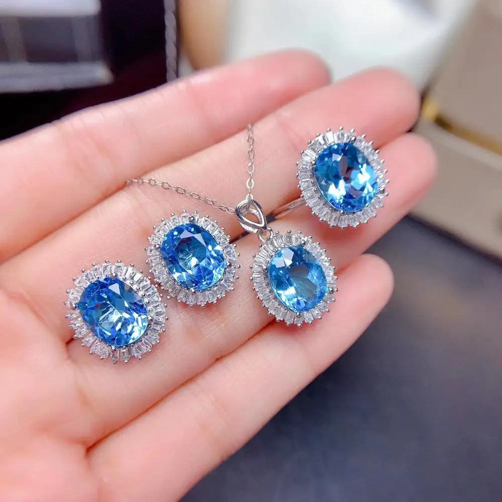 

MeiBaPJ Natural Swiss Blue Topaz Sun Flower Jewelry Set 925 Silver Ring Earrings Pendant Necklace Fine Wedding Jewelry for Women