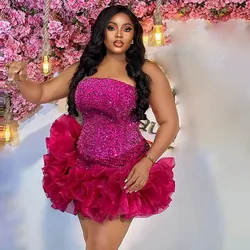 Sequined Mermaid Cocktail Dresses Strapless Ruffles Tiered Plus Size Prom Dress Sexy Short Party Dress For Photo Shoots