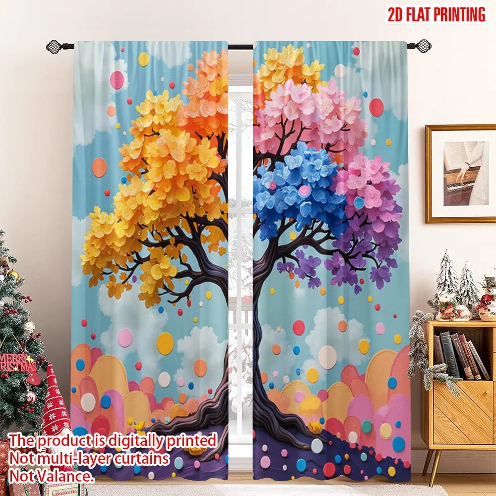 2pcs 2D flat printing Window Curtains Vibrant Tree Colorful Floral Digital Printed Polyester Drapes Family Party Decoration for