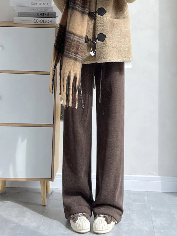 Winter Nieuwe Damesbroek met hoge taille, wijde pijpen, voering, rechte snit, gebreide broek, chino, geschikt voor woon-werkverkeer, warm