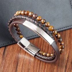 Men Bracelet Classic Stainless Steel Beaded Multi-Layer Leather Braided Rope Bangle For Male Magnetic Clasp Jewelry Gift