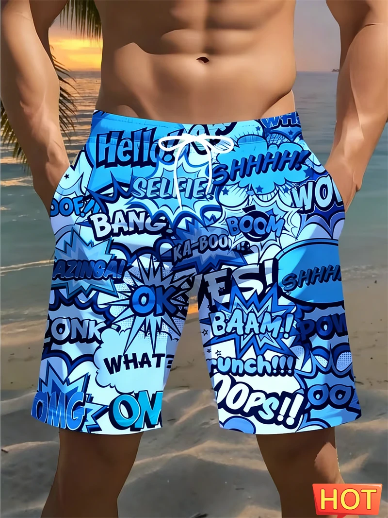 

Cartoon Letters Graphic Men Beach Shorts Pop Art Swim Trunks For Summer Beach Vacations Pool Parties And Casual Harajuku Shorts