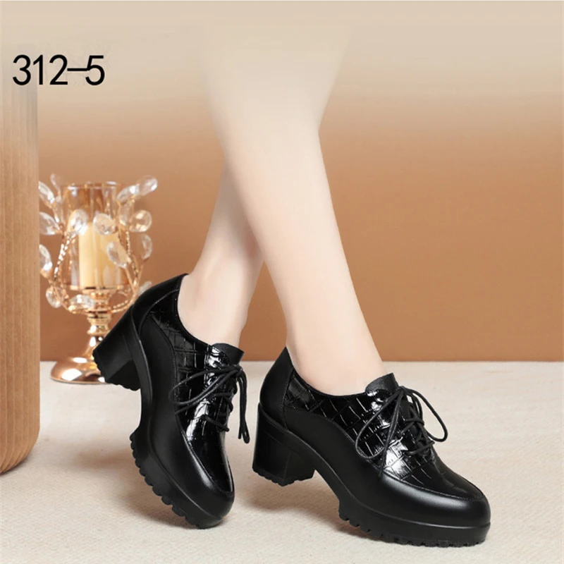 Deep Mouth Soft Leather Shoes Women Oxfords Platform Pumps High Heels Shoes Black Lace up Office Work Pumps Shoes Comfortable