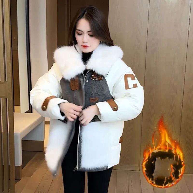 Winter New Faux Fur Denim Down Jacket Women Thickened Denim Stitching Overcoat FemaleTrendy White Duck Down Thick Warm Jacket