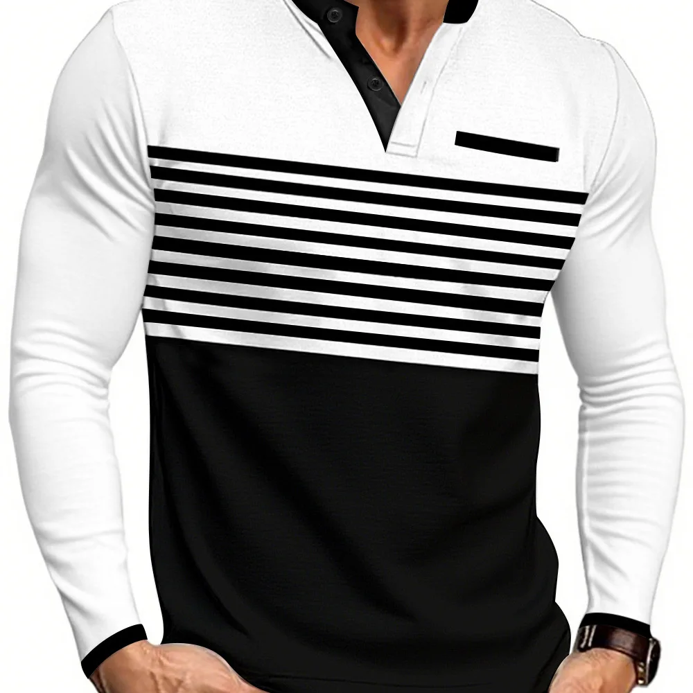 Spring Summer New Men Clothing Long-Sleeve V-Neck T-Shirt Patchwork Striped Top Slim Business Casual