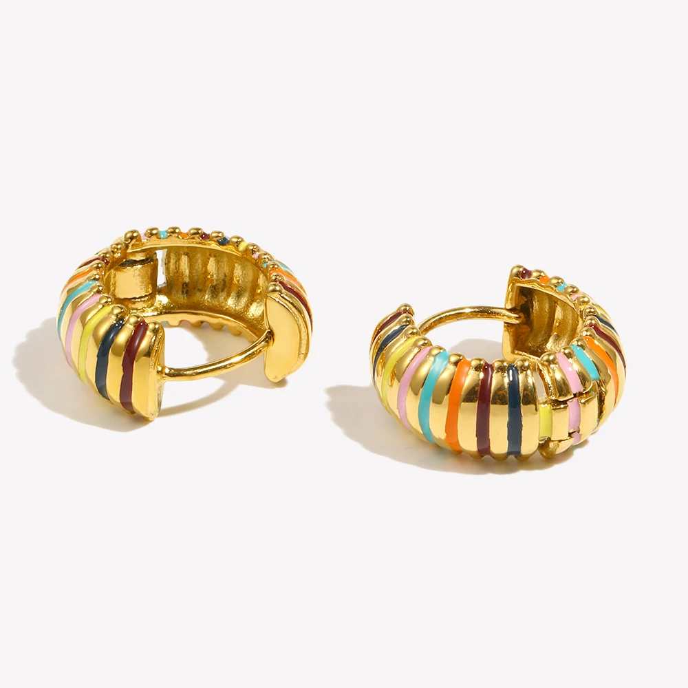 E.B.belle Hypoallergenic Colorful Enamel Round Circle Textured Caterpillar Hoop Earrings Gold Plated Stainless Steel Earring