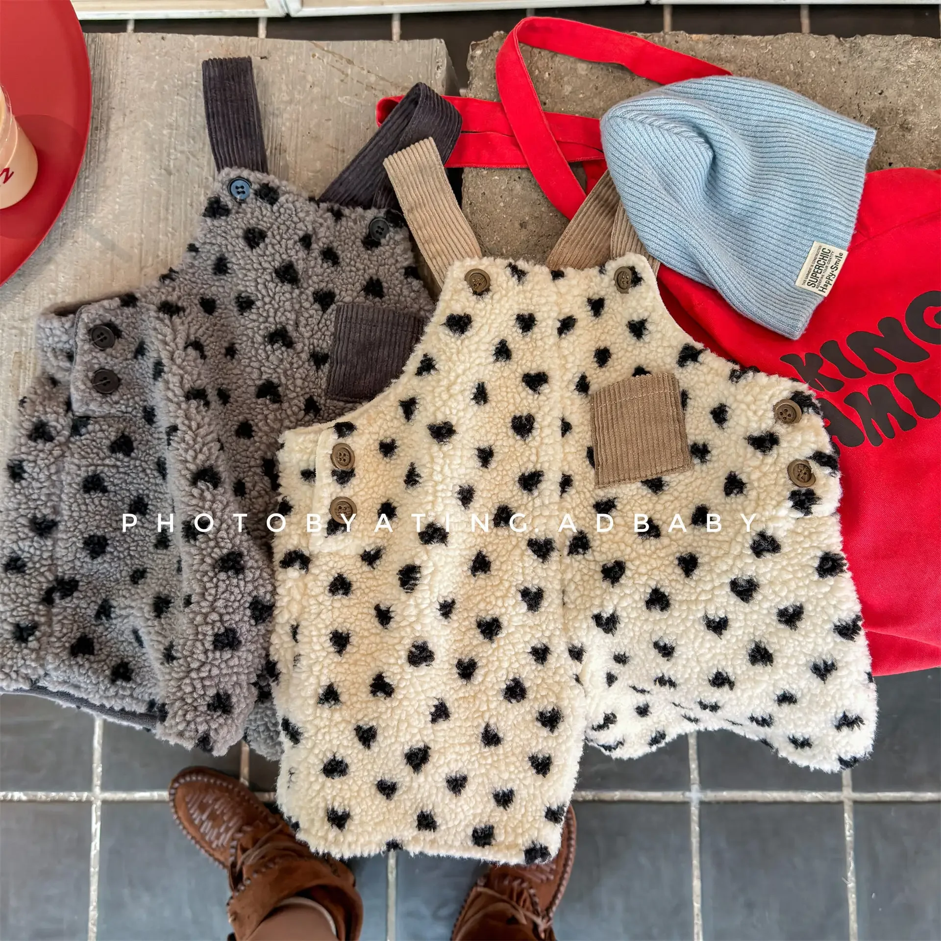 

Kids Girls Lamb Wool Fleece Lined Overalls Shorts 1-6Y Children Heart Print Fashion Suspender Shorts Autumn Winter Casual Wear