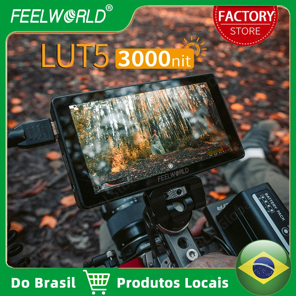 Do Brasil FEELWORLD LUT5 5.5 بوصة 3000nit شاشة تعمل باللمس شاشة كاميرا 1920x1080 4K HDMI المدخلات والمخرجات ثلاثية الأبعاد LUT F970 طقم خارجي