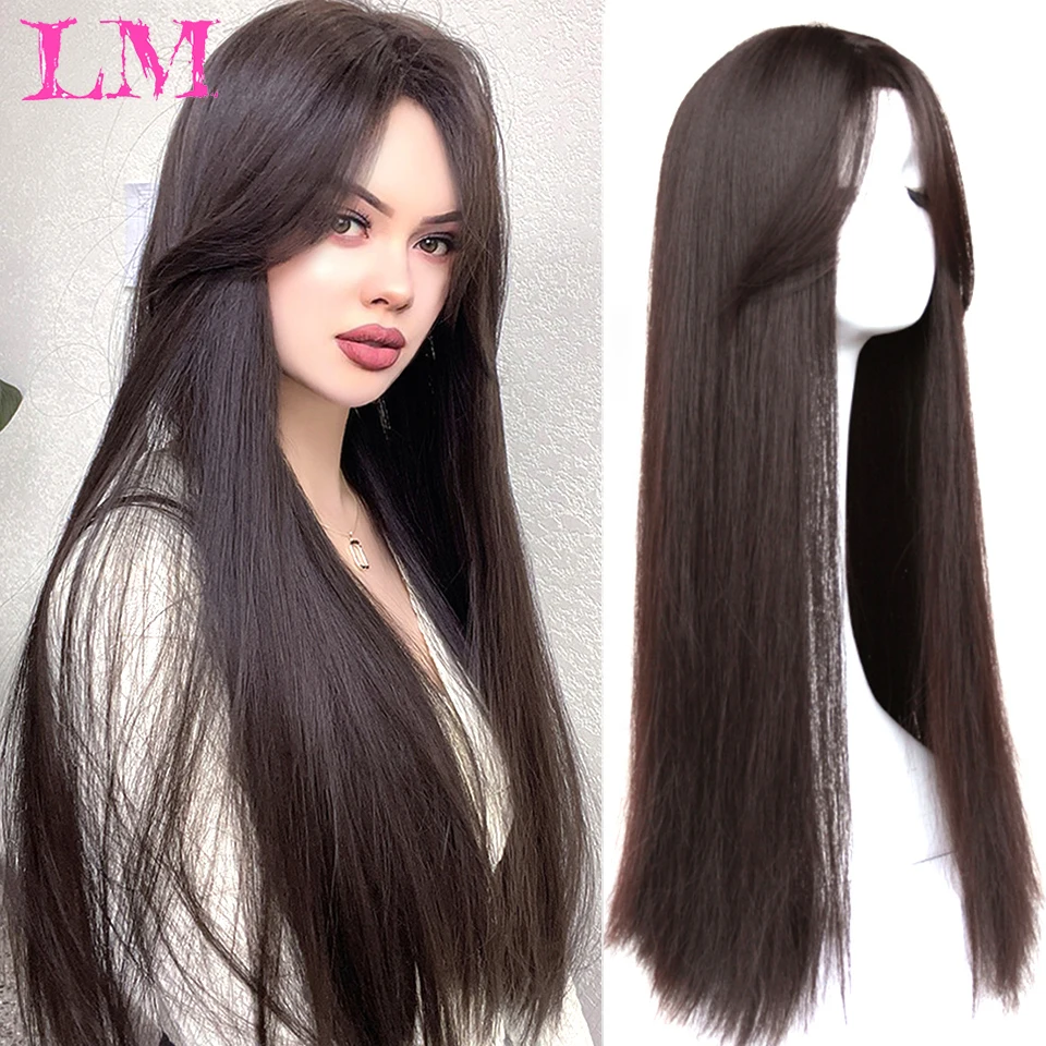 LM Women Wig Blcak Long Straight Hair Wig With Center Bangs Lolita Daily Wear Synthetic Heat-resistant Mid-length Wigs