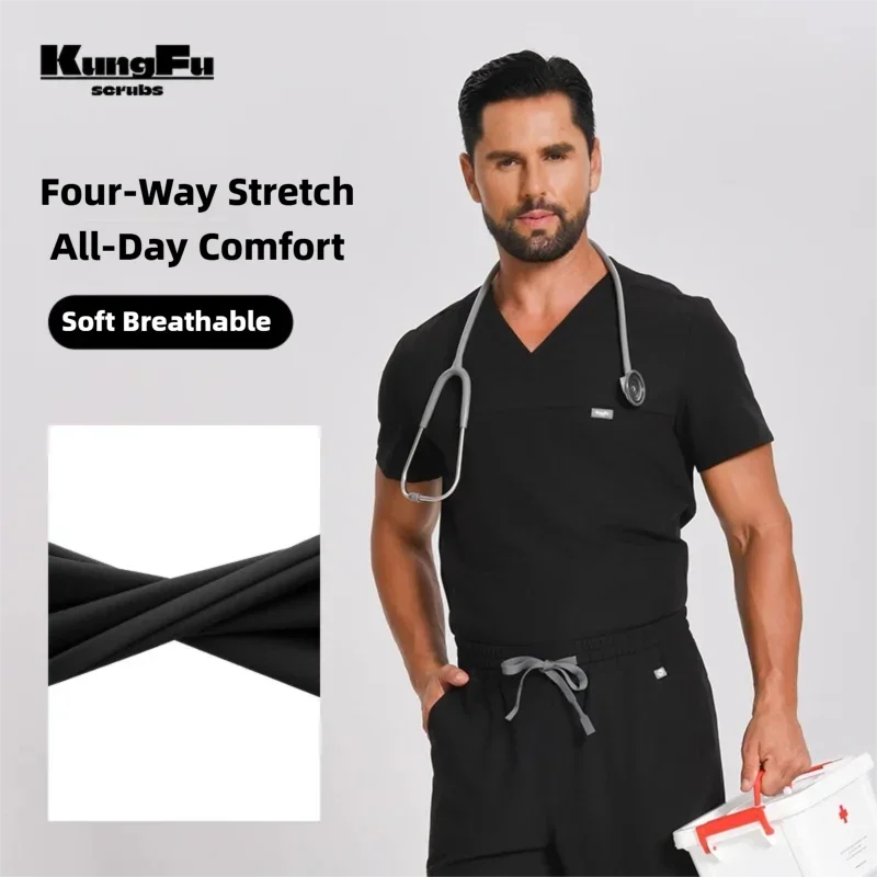 KUNGFU SCRUBS Men Surgical Uniforms Scrub V-neck Top Antibacterial Nursing T-shirt Soft Breathable Short Sleeve For Doctor/Nurse