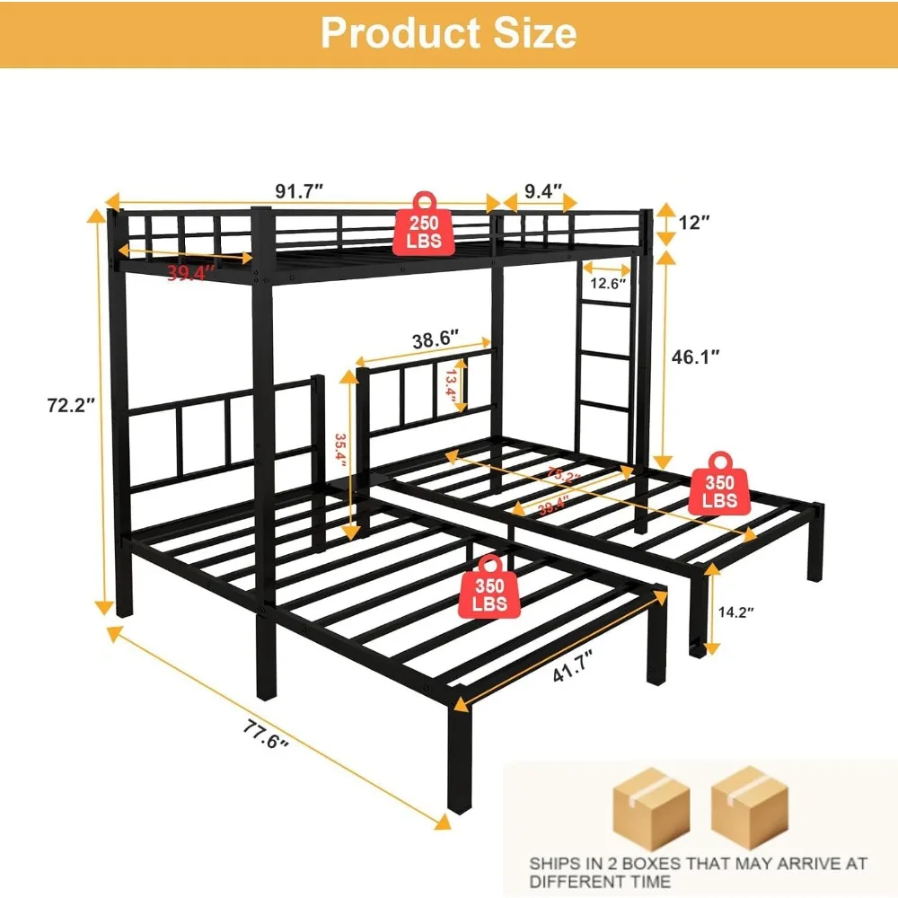 Litera doble sobre doble y doble para 3, litera triple para 3 personas con barandillas, escalera y plataforma de cama superior, para niños, adolescentes