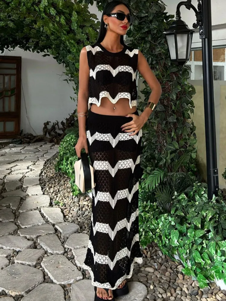 

Купальники Юбка-накидка Комплект из 2 предметов Женские укороченные топы и макси-юбка Купальный костюм Модные однотонные полые сексуальные пляжные наряды