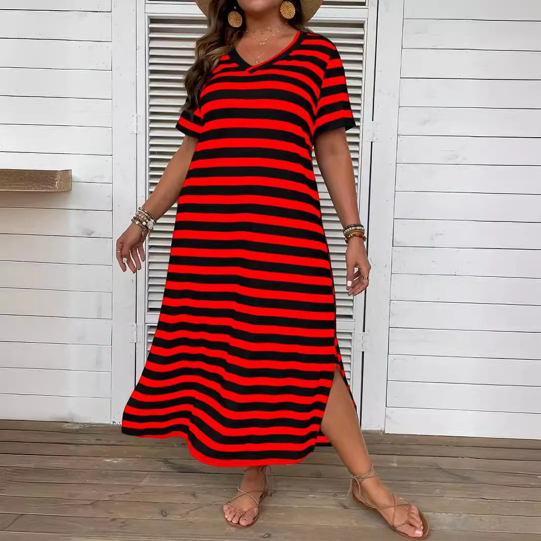 

Women's New Summer V-neck Striped Print Dress