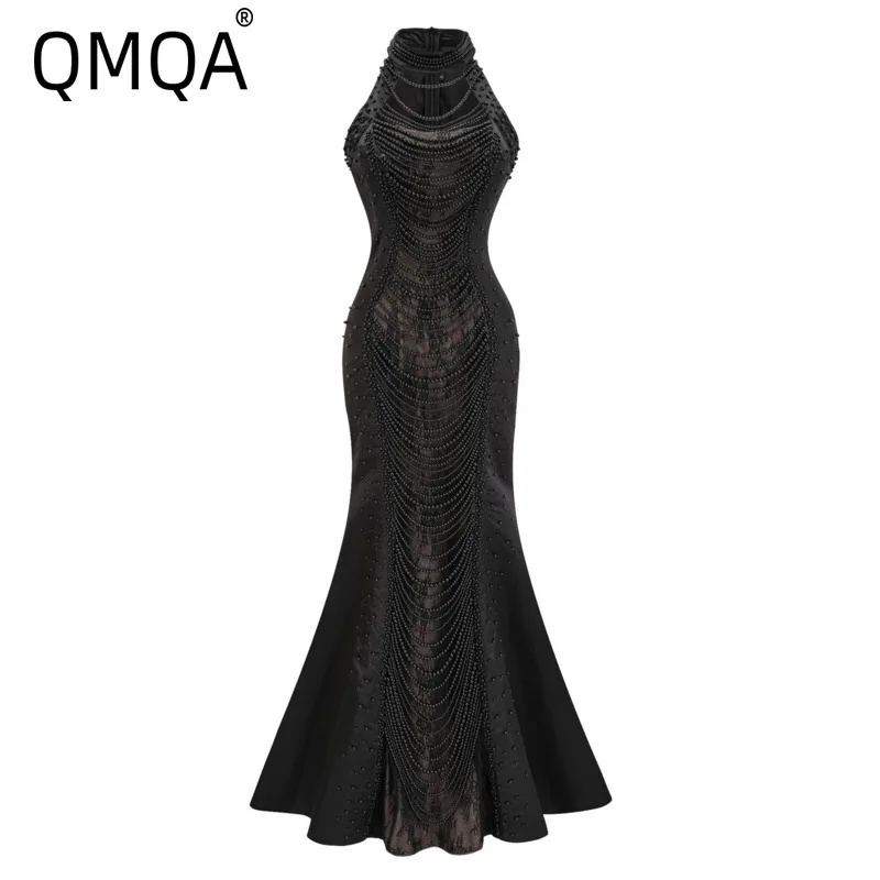 QMQA Fashion Women's Banquet Dresses Nail Bead Round Neck Sleeveless High Waist Slimming Elegant Party Dress 2025 New 1A935