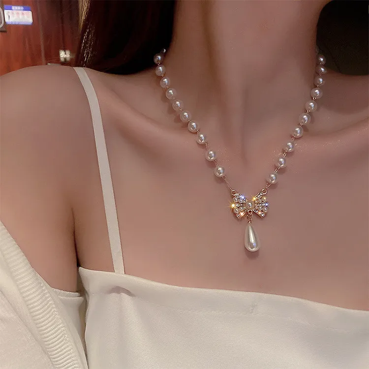 Korean Fashion Rhinestones Shiny Beautiful Pearl Bow Necklace for Women Beaded Necklace Wedding Party Luxury Jewelry Gifts mujer