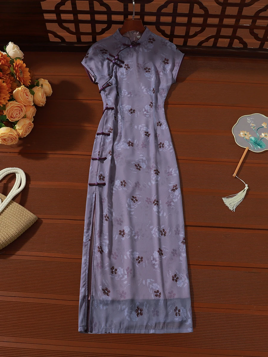 

Young Style Purple Chinese National Fashion Long Dress Daily Wear Comfortable Breathable Short Sleeve Floral Pattern