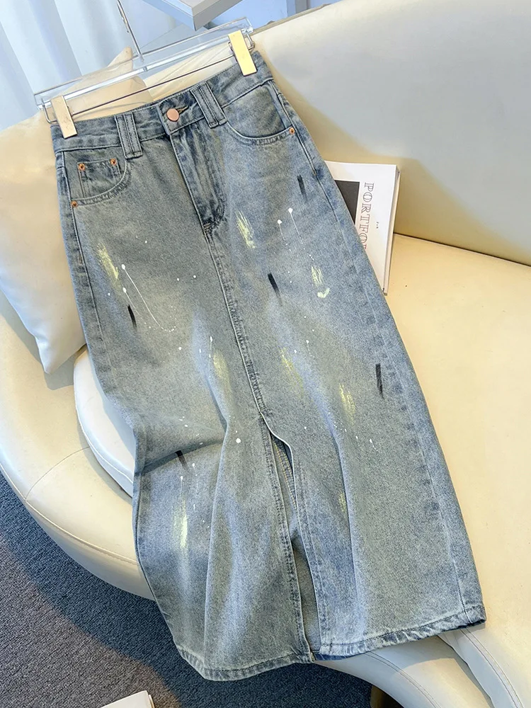 

Винтажная юбка, женская летняя новая юбка трапециевидной формы с высокой талией и разрезом спереди, облегающая юбка с граффити средней длины