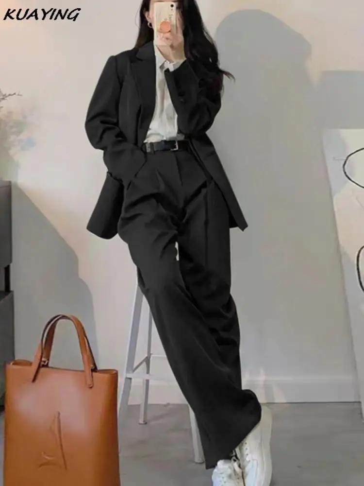 Woman Office Clothes Two Pieces Set Chic Casual Loose Business Blazer Wide Leg Pantsuit Fashion Korean Trousers Formal Suit