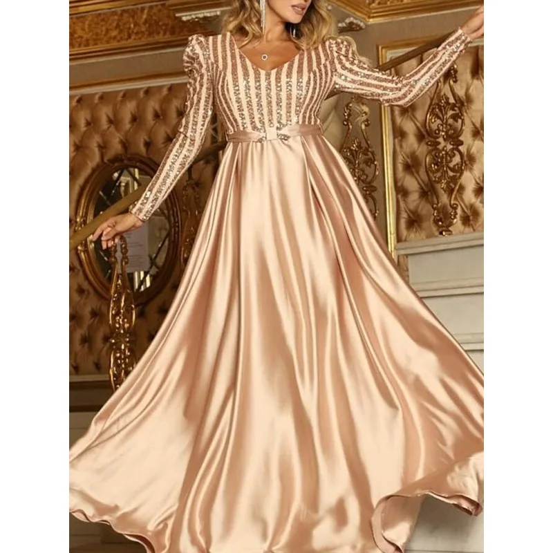 

Tinaa Sequins Sexy Women's Dresses 2025 European V Neck Puff Sleeve Folds Shiny Banque Elegant Wedding Evening Dress 82625