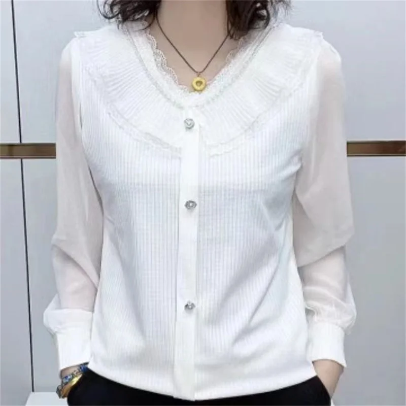 Heavy Industry Wooden Ear Edge V Neck Nail Bead Chiffon Bubble Long Sleeve Knitwear New Female Spring New Fashion Slim Top