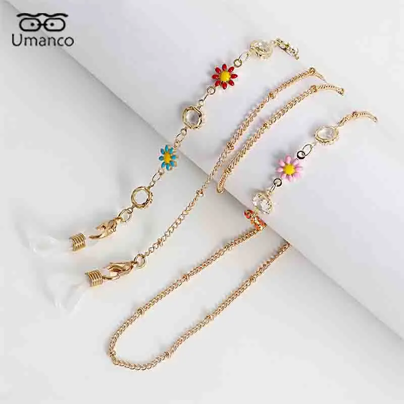 

76cm Golden Daisy Flower Crystal Bead Pendant Glasses Chains for Women Anti-slip Hanging Neck Mask Holder Rope Sunglasses Chain