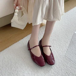 Wine Red Flat Shoes Women Low Heel Pumps Patent Leather Mary Jane Shoes Comfort Heels To Flats Big Size 42 43 Female Office Shoe