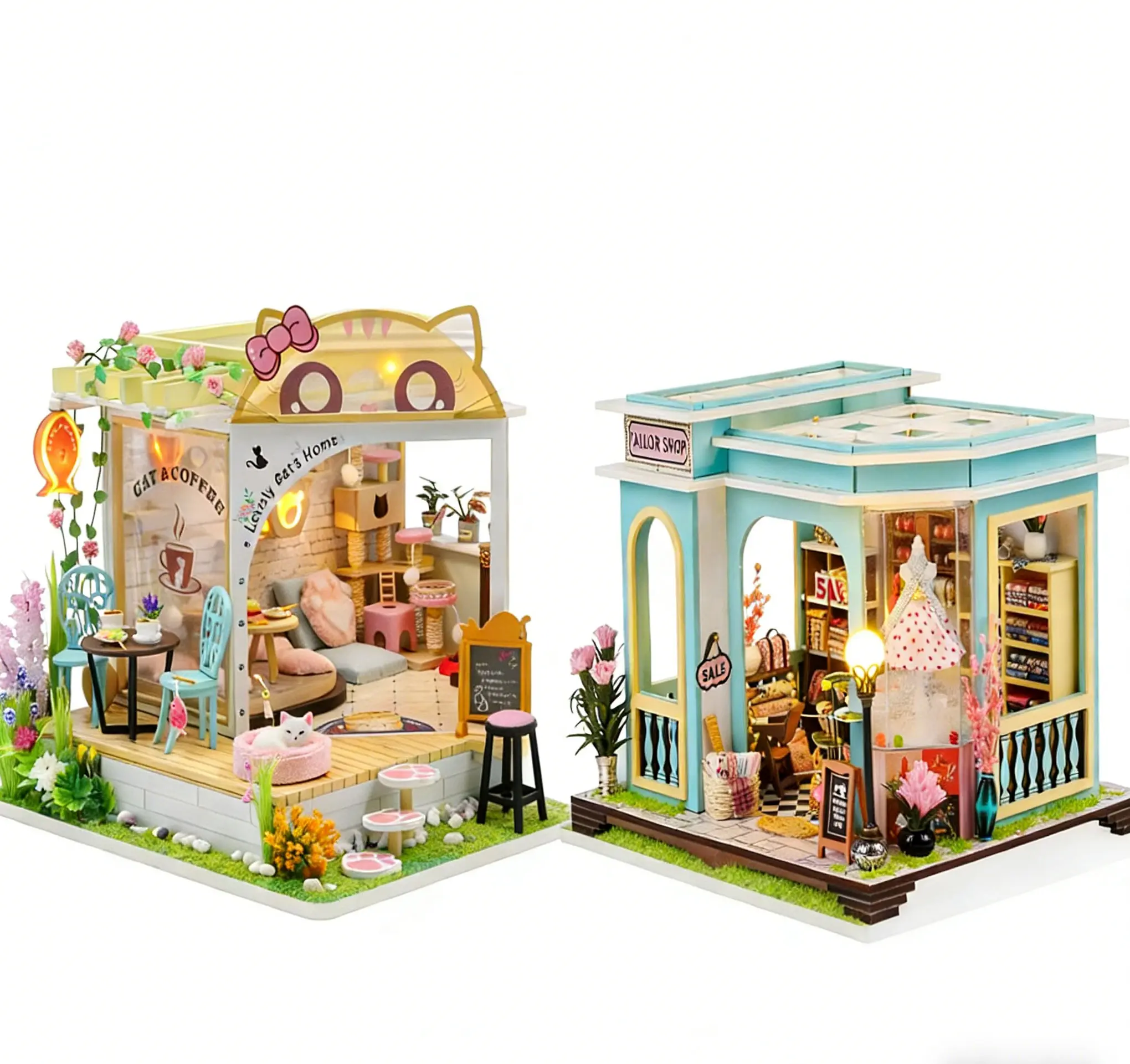 2-in-1 DIY Miniature House Kits - Cat Café Backyard & Tailor Shop 3D Wooden Puzzle Handmade Creative Gift for Her Wholesale