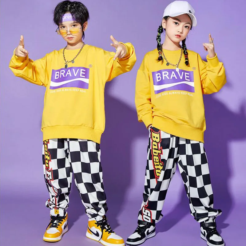 Kids Street Wear Hip Hop Clothing Kpop Outfits Yellow Sweasthirt Casual Jeans Pants For Girl Boy Jazz Dance Costume Clothes