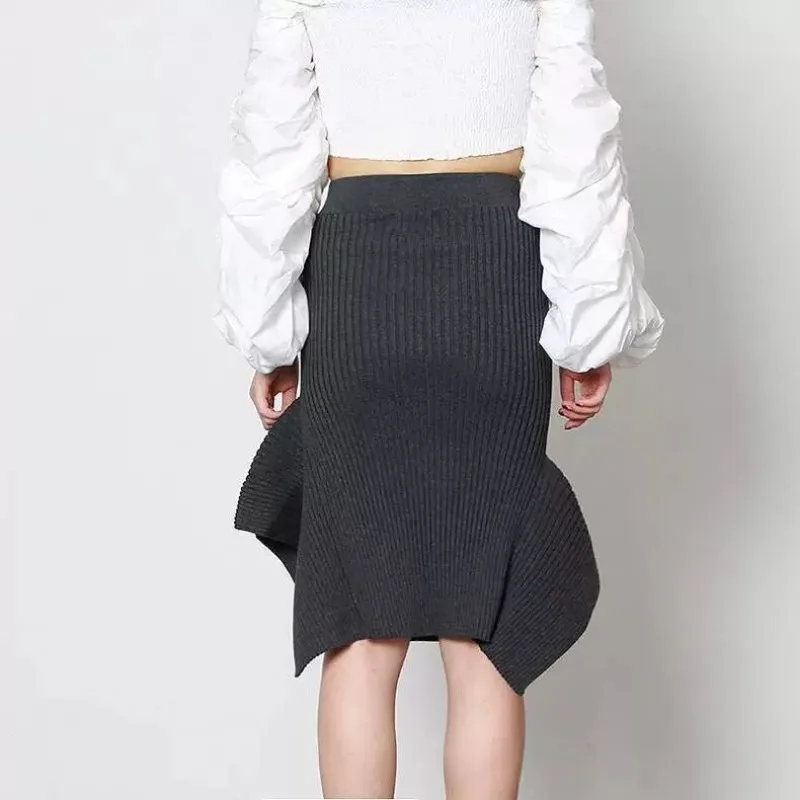 Solid Knitted Slim Fit Show Hip Half Skirt for Women 2023 Autumn/Winter New Asymmetric Knitted Mid Length Lace Wrap Hip Skirt