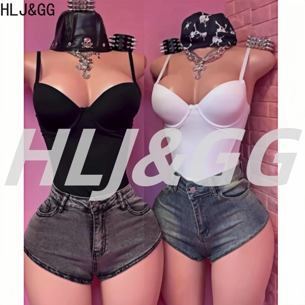 

HLJ&GG Trend Sexy Deep V Spaghetti Strap Bodysuits Two Piece Sets Women Sleeveless Backless Top+Denim Shorts Outfits Streetwear