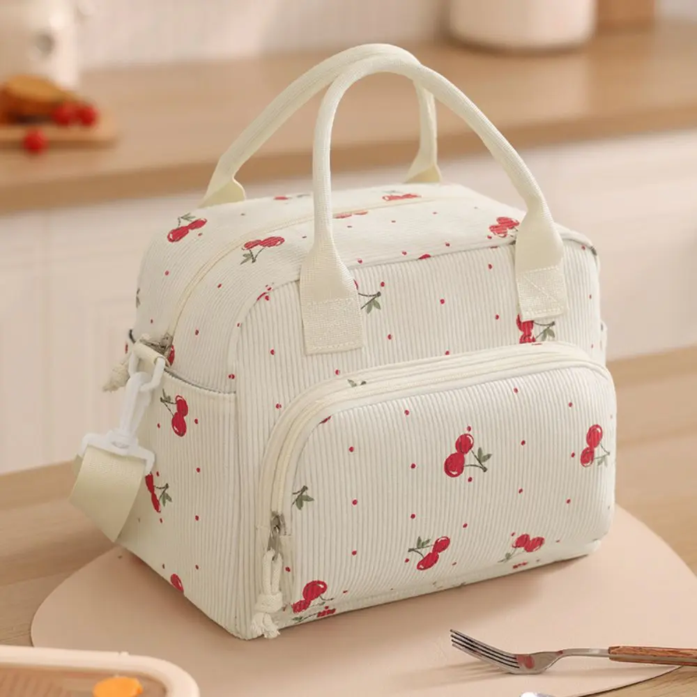 New Corduroy Lunch Bag Portable Thermal Insulation Storage Handbag Leopard Print Floral Crossbody Cooler Bag Outdoor Travel
