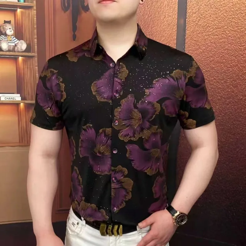 Summer Flower Print Rhinestone Shirt for Men Slim Fit Short Sleeve Casual Shirts Versatile Social Business Streetwear Shirt 2026