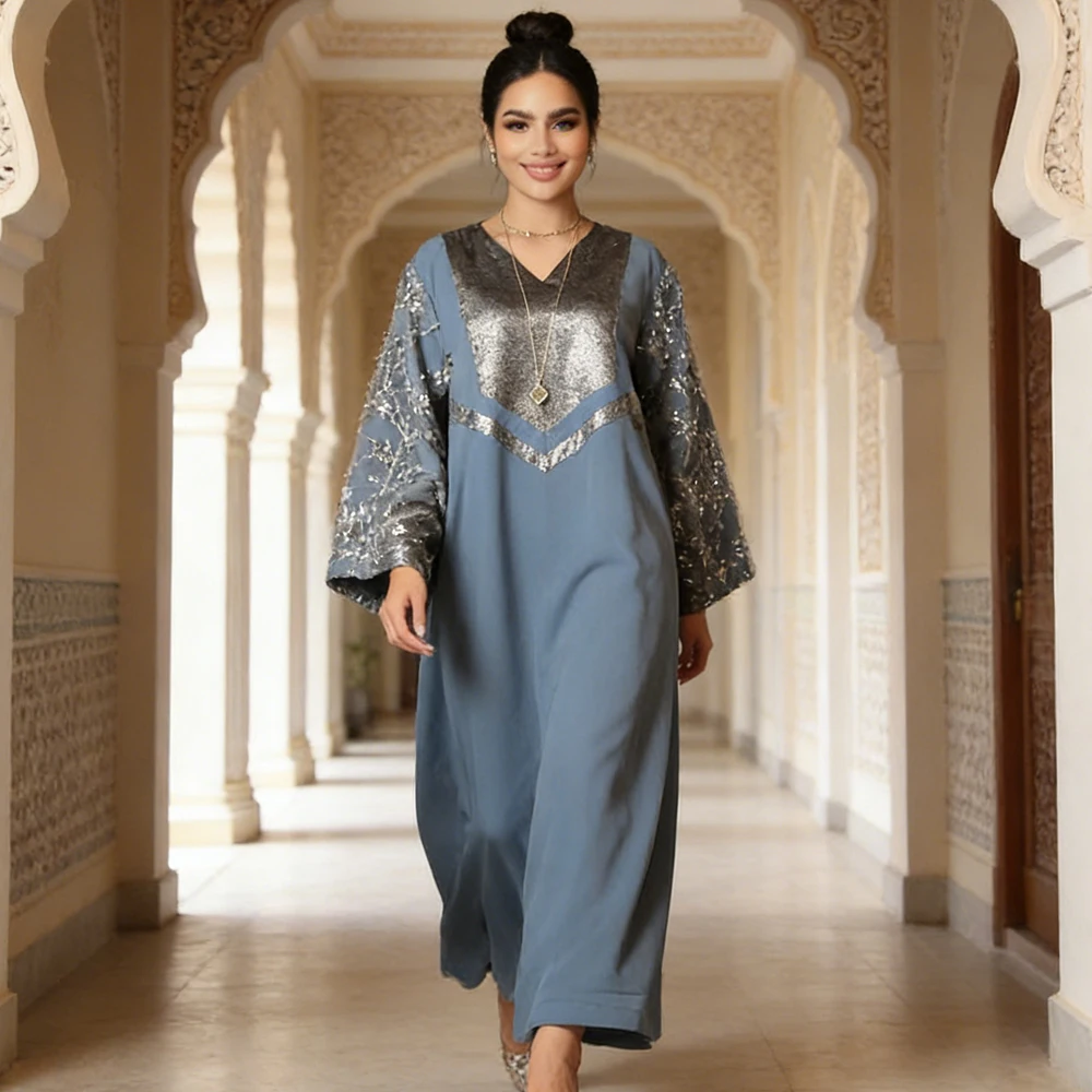 

Мусульманское платье из атласа с пайетками, абайя для женщин, дубайский кафтан, турецкий халат, исламская одежда на Рамадан, джалабия, кафтан, марокканский кафтан для женщин