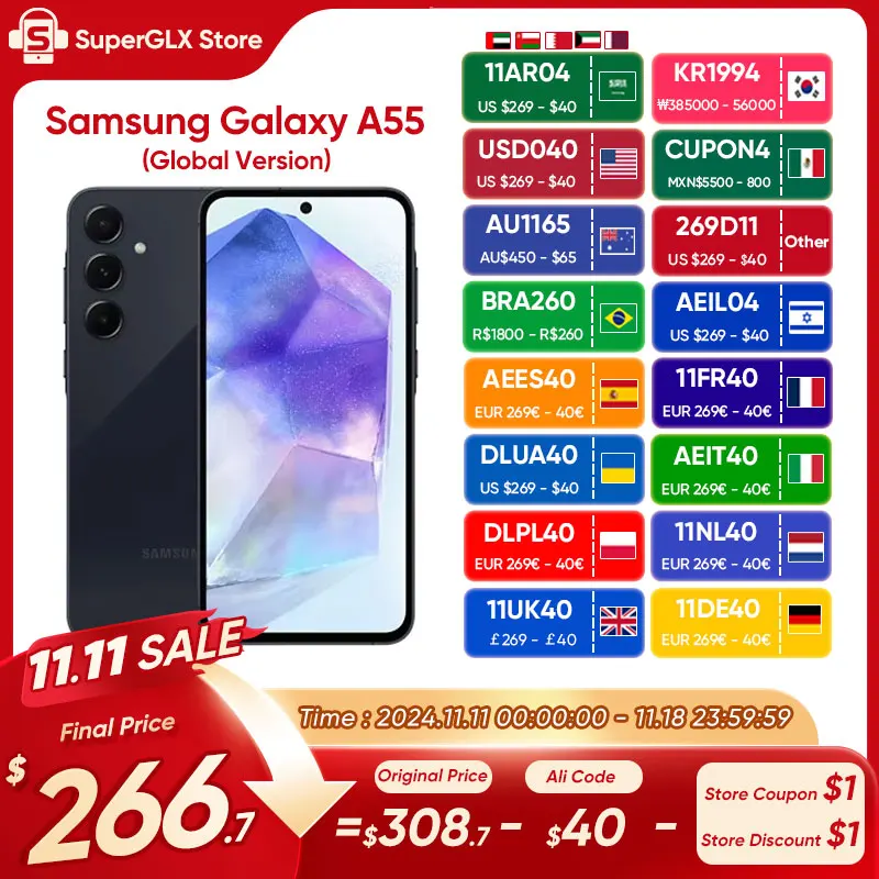 100% Original New Samsung Galaxy A55 5G Exynos 1480 6.6" FHD+ Super AMOLED 120Hz Display 50MP Camera 5000mAh 25W Fast Charging