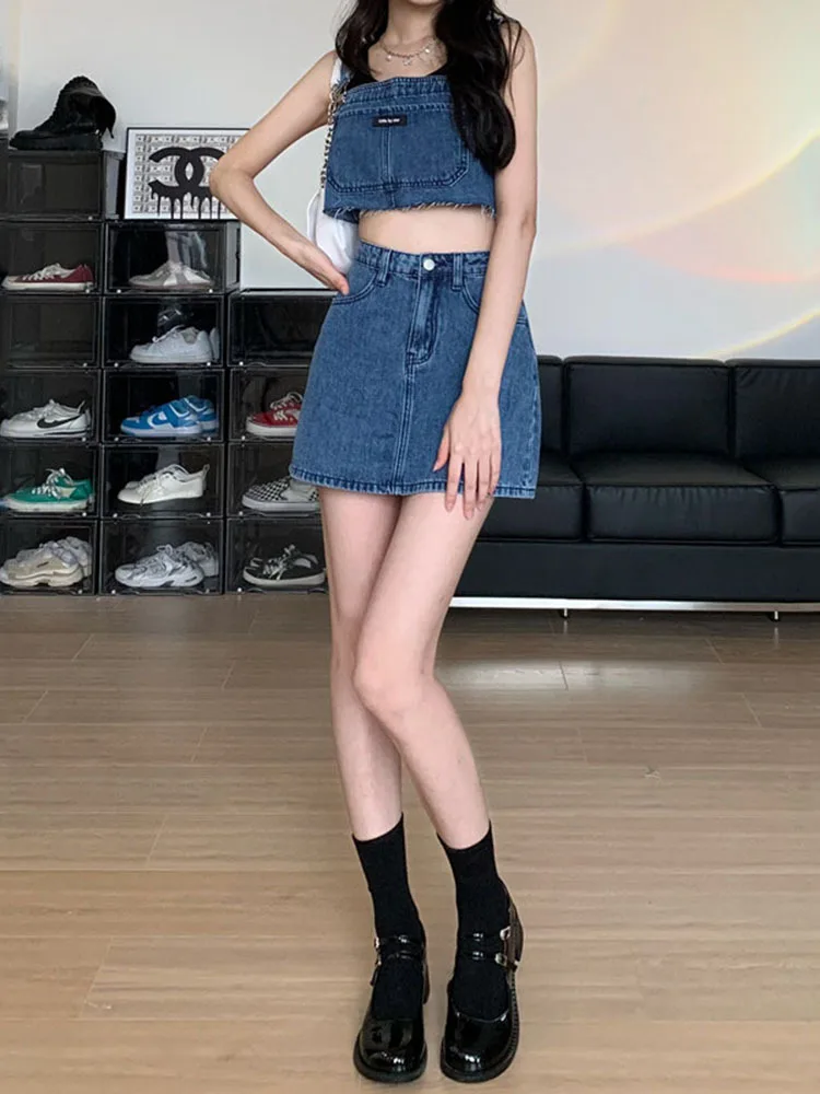

Sexy Fashion Demin Two Pieces Sets Summer 2022 Tank Tops + High Waist A-line Mini Skirt Causal Korean Jeans Outfits