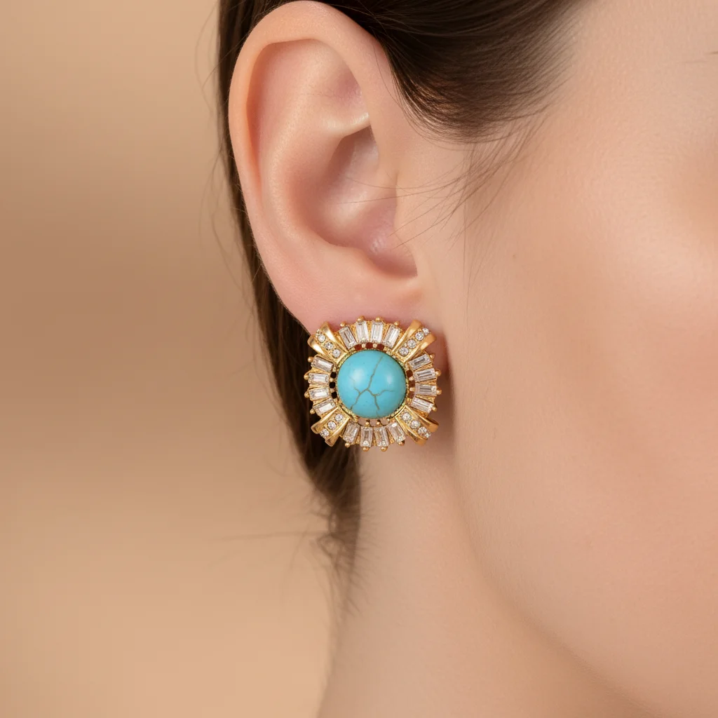 

Luxury 18K Gold Plated Square Stud Earrings with Imitation Pearl/Turquoise & Zircon for Women, Elegant Wedding Party Jewelry