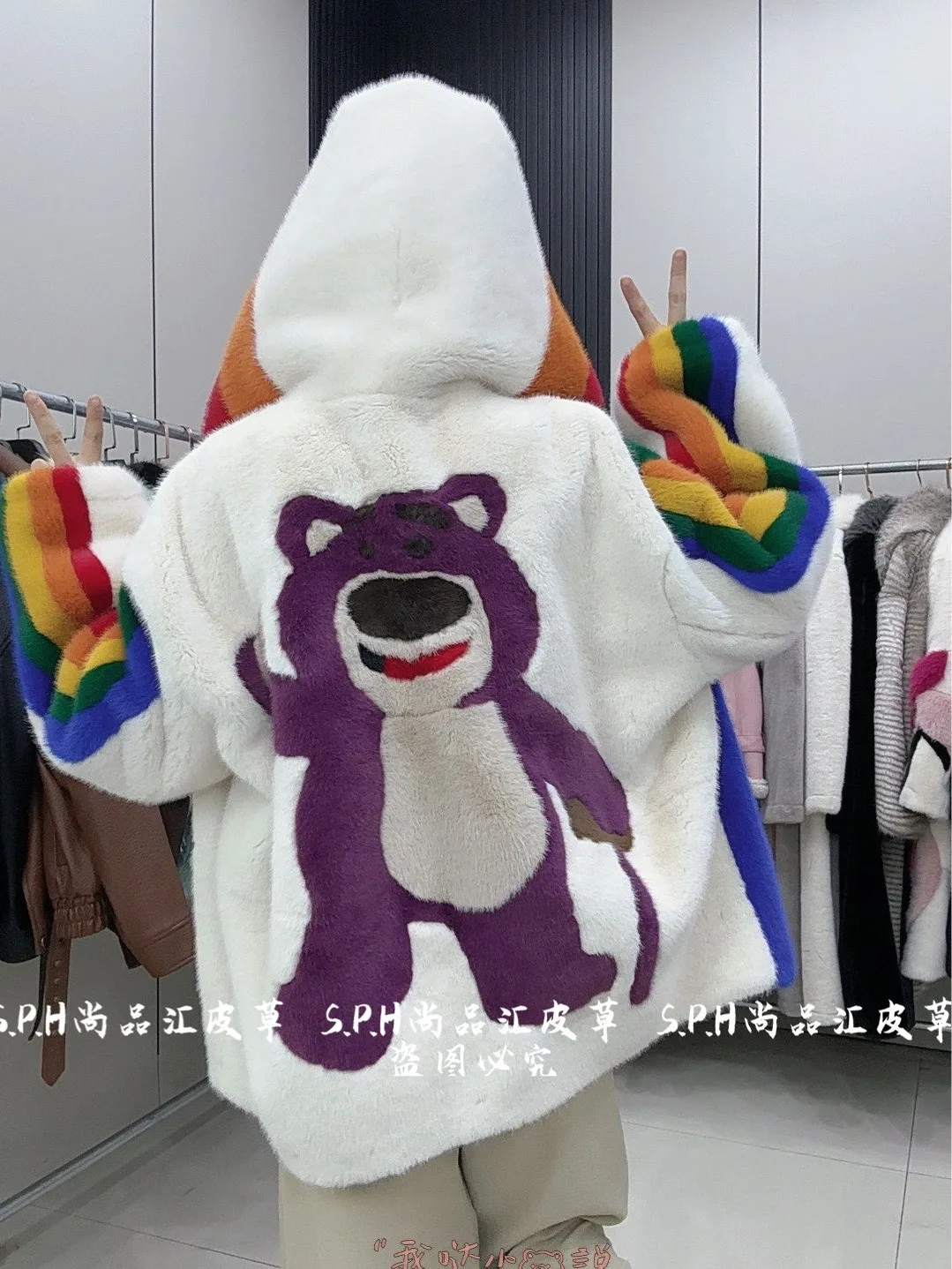 

2025 New Winter Jacket Women's Hooded Thickened Furry Cute Cartoon Bear Faux Fur Coat Mid-length Hoded Jackets for Women