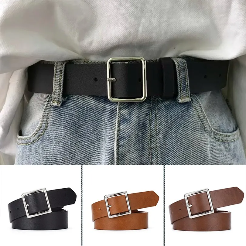 New Women'S Belt Soft Pu Leather Square Pin Buckle Black Belts for Jeans Lady Chic Luxury Brand Fancy Vintage Waistband Female