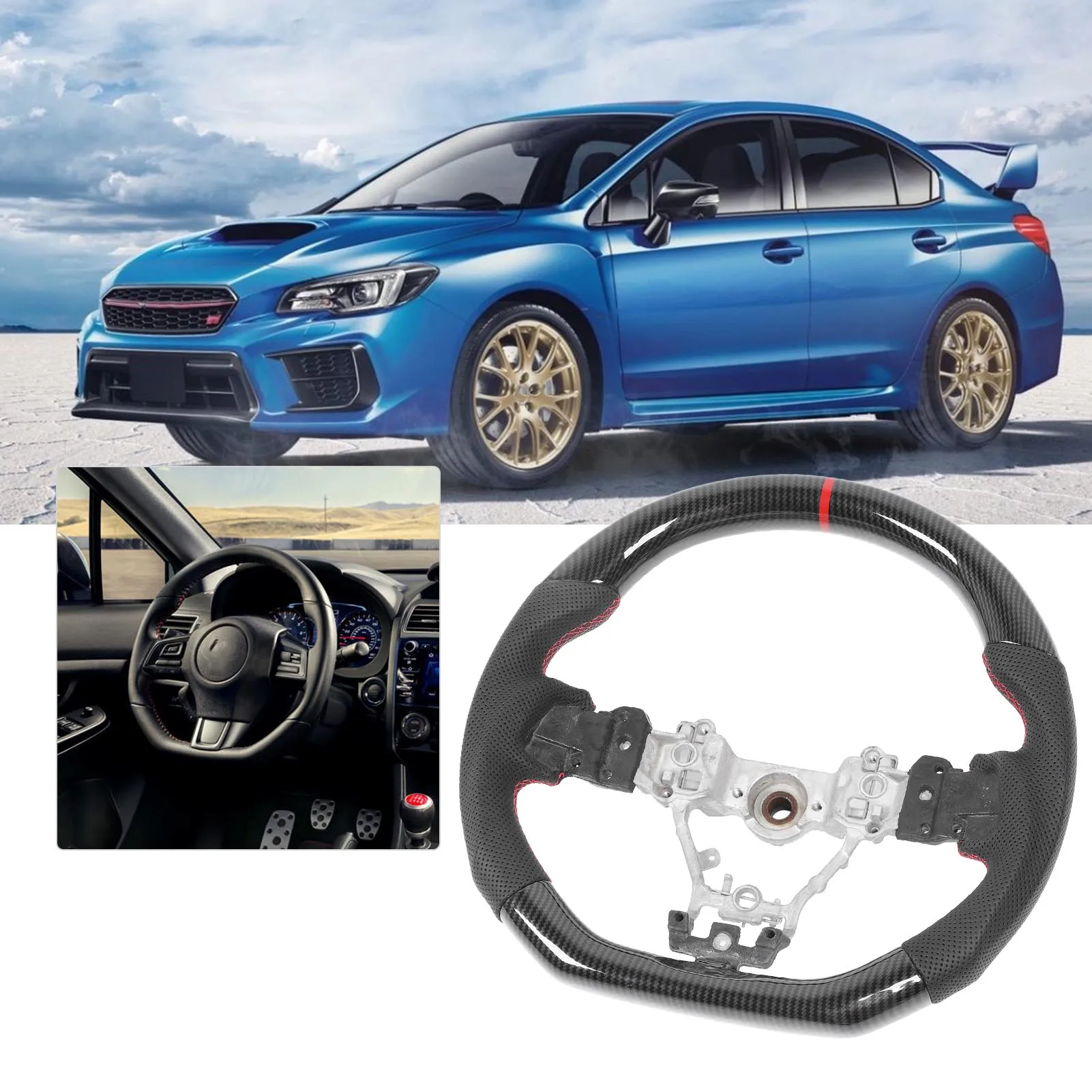 Racing Steering Wheel Hydro Dip Carbon Look Steering Wheel Perforated Leather Replacement for WRX STI 2015 to 2021