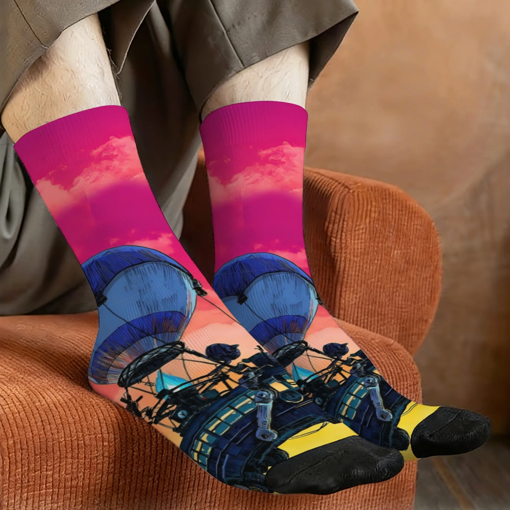 

Носки до середины икры в стиле стимпанк с мечтательным закатом и воздушным шаром, розовые, фиолетовые носки до середины икры с принтом неба, романтическая повседневная одежда в стиле ретро