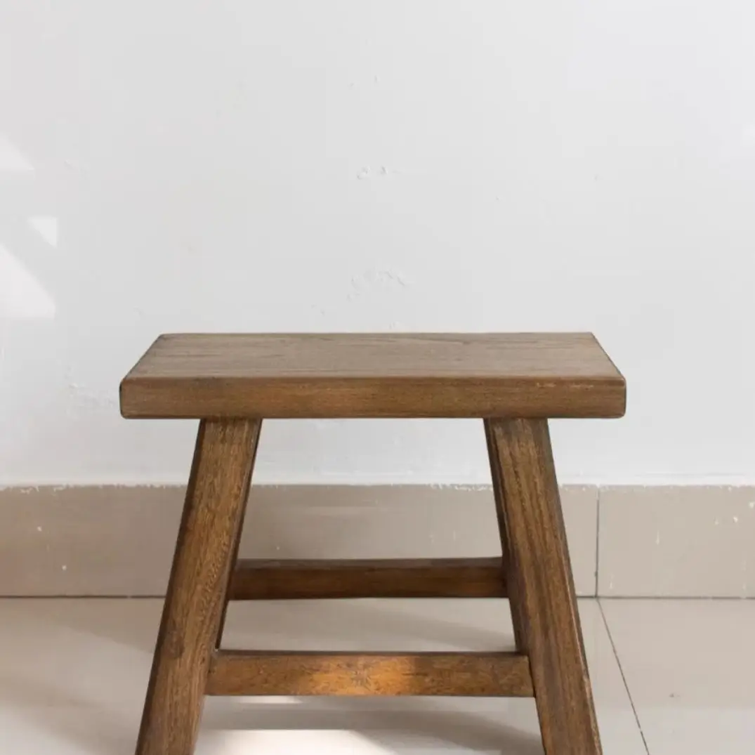 Mortise and Tenon Joint Wooden Stool Vintage Small Chair Solid Wood Ottoman for Living Room Solid Unfinished Wooden Bench