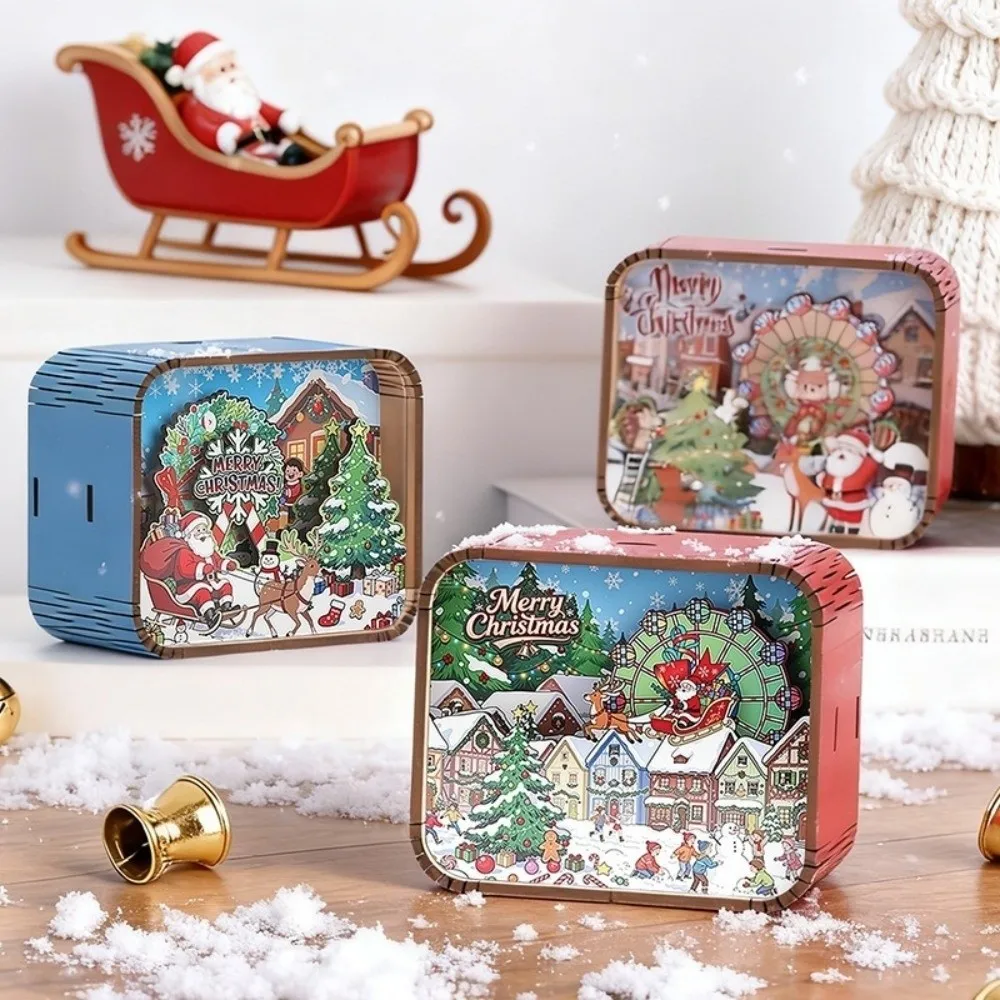 Retro 3D Scene Christmas Music Box Rotating Santa Claus Wooden Music Box Wind-up Tabletop Musical Ornament Gift Holiday Season