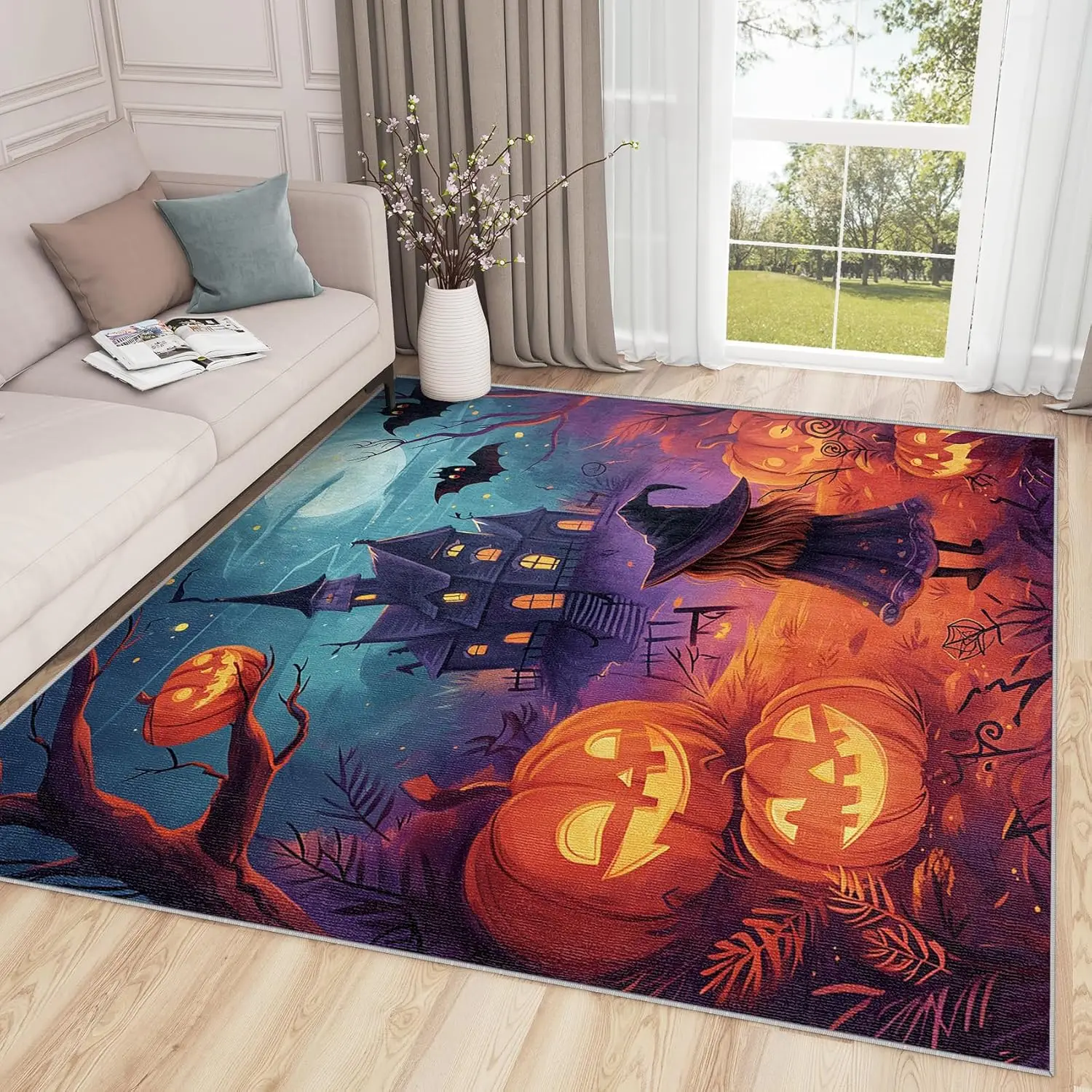 Halloween Rugs Indoor Halloween Rug - Haunted House Pumpkin Area Rug Witch Bat Spooky Rugs - Trick or Treat Carpet Home Decor